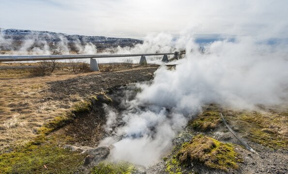 Geothermal, steamy, hot springs with pipeline transportation of hot water, Deildartunguhver, Reykholtsdalur, Iceland