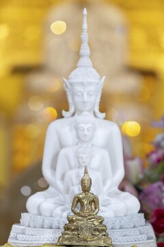 Golden Buddha (Dhyana-mudra: gesture of meditation), behind him five seated Buddhas (path to enlightenment), Buddhist temple complex Wat Phra That Sorn Kaew, Phetchabun province, Isan, Thailand