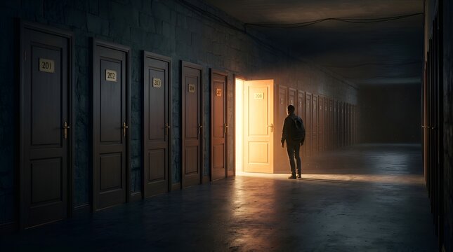 Man standing before an illuminated open door in a dark hallway, choice, opportunity, unknown future