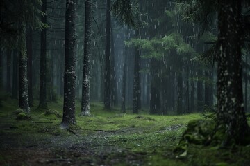 Obraz premium Rain falling lightly in quiet forest