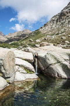 Pool with a small waterfall in the mountains, river Golo, Parc naturel r&eacute;gional de Corse, Regional Natural Park of Corsica, Corsica, France