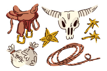 Wild West collection of items bank robbery, lasso, bison skull, money bags, saddle, sheriff s star © Senaysky