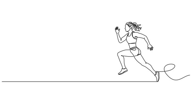 animated continuous line drawing of an athletic female runner, line art animation