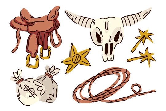 Wild West collection of items bank robbery, lasso, bison skull, money bags, saddle, sheriff s star