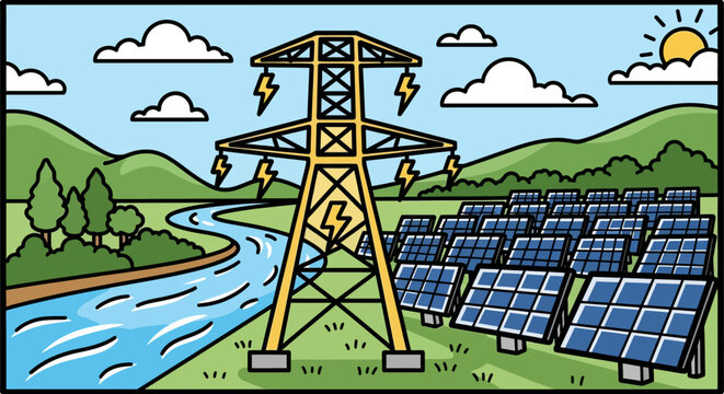 Industrial factory complex with wind turbines and piping system illustration