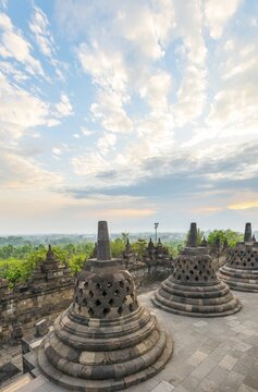 Borobudur temple, stupas, morning atmosphere, cloudy sky, Borobudur, Yogyakarta, Java, Indonesia