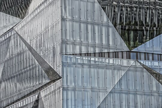 Reflection on a glass window facade, 3XN Cube building, Government district, Tiergarten, Berlin, Germany
