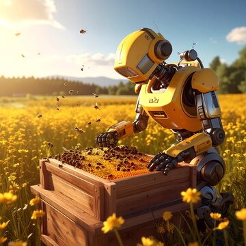 A yellow robot tends to a beehive in a vibrant field of yellow flowers under a sunny, blue sky. Bees fly around