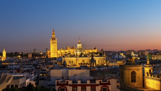 View from Metropol Parasol over the city, illuminated Cathedral of Seville with tower La Giralda, blue hour, Seville, Andalusia, Spain