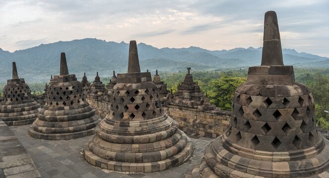 Borobudur temple, stupas, cloudy sky, Borobudur, Yogyakarta, Java, Indonesia