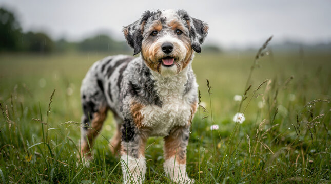 Aussiedoodle Dog Low Angle Meadow Wildlife Telephoto Shot Natural Frame Copy Space