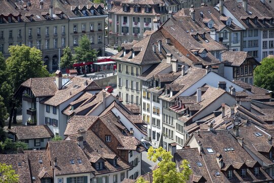 Streets and rows of houses, detail, view of Bern's old town, Bern, Canton of Bern, Switzerland