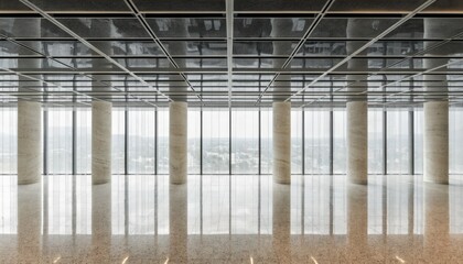 Obraz premium Finished empty office floor plate in medium shot revealing polished ceiling grids prominent columns and diffused window lines to illustrate refined workspace interiors.