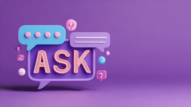 3D Ask me a question and online support chat box. Social network and media FAQ concept. Chatbot for asking help. Message frame. Cartoon creative banner illustration on purple background. 3D Rendering