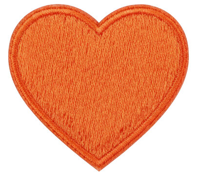 Orange embroidered heart patch, isolated, transparent