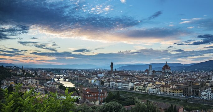 Cityscape at sunset with Cathedral, palace Palazzo Vecchio and bridge Ponte Vecchio, Florence, Tuscany, Italy