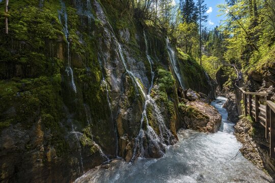 Small waterfalls and Wimbach in the Wimbach Ravine, Wimbachtal, Ramsau near Berchtesgaden, Berchtesgaden area, Upper Bavaria, Bavaria, Germany