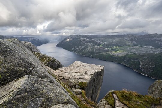 Rock plateau, rock pulpit Preikestolen, Lysefjord, Ryfylke, Rogaland, Norway
