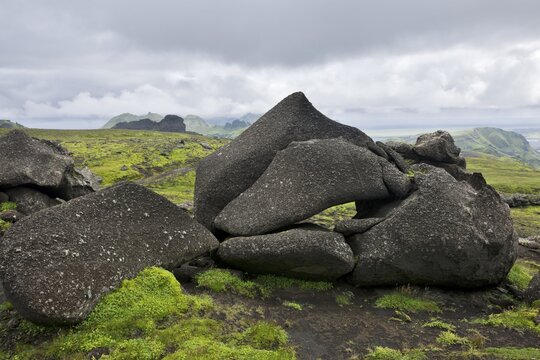 Bizarre tuff rocks along the trail from &THORN;akgil canyon to Hoef&eth;abrekkajoekull glacier, &THORN;akgil, Iceland