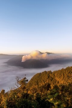 Mount Bromo, sunrise, volcano in clouds, Mount Batok, Mount Kursi, Mount Semeru, Bromo Tengger Semeru National Park, Java, Indonesia