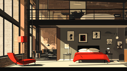 Artistic depiction of a modern loft apartment with exposed brick and a mezzanine level © lestari