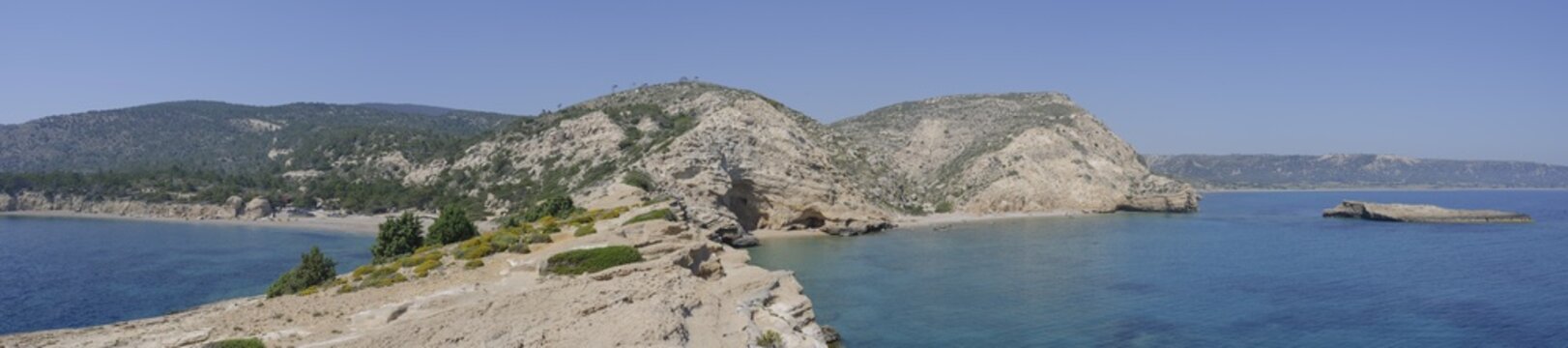 Panoramic view from the tip of the Cape back to the Bay, Cape Fourni, Rhodes, Greece, Europe