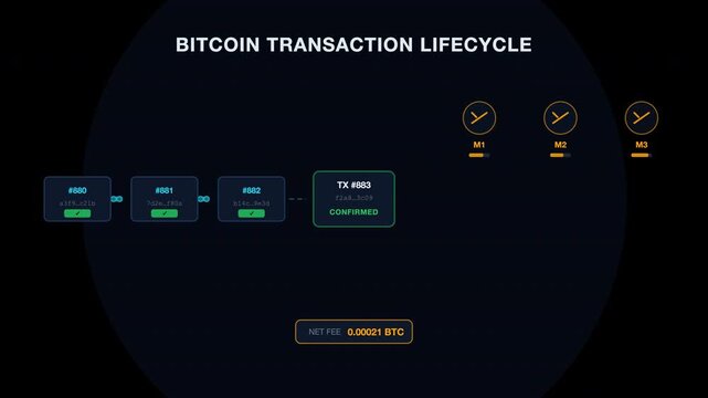 Bitcoin transaction lifecycle illustrated with stages and elements. Ideal for cryptocurrency blogs, financial presentations, or technology publications.