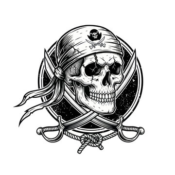 Pirate Skull with Crossed Sabers and Bandana - Vintage Emblem