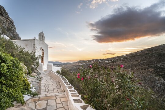 Greek Orthodox Chapel at sunset, Ano Syros, Syros, Cyclades, Greece