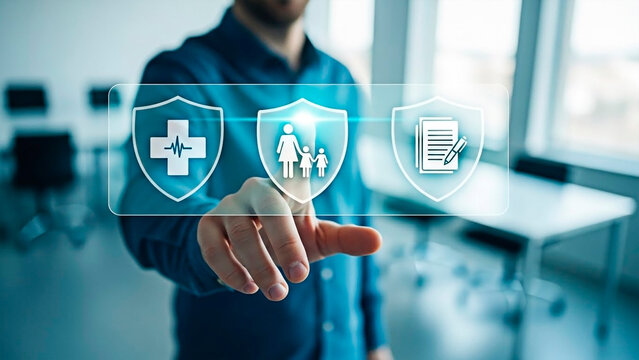A middle-aged Caucasian man in a blue shirt interacting with a digital interface of health insurance icons in a modern office