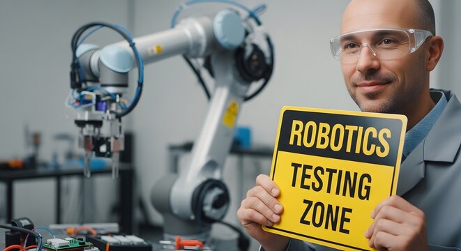 A smiling bald Caucasian man in a lab coat and safety glasses holding a sign that reads 'Robotics Testing Zone' in front of a robotic arm in a laboratory setting.