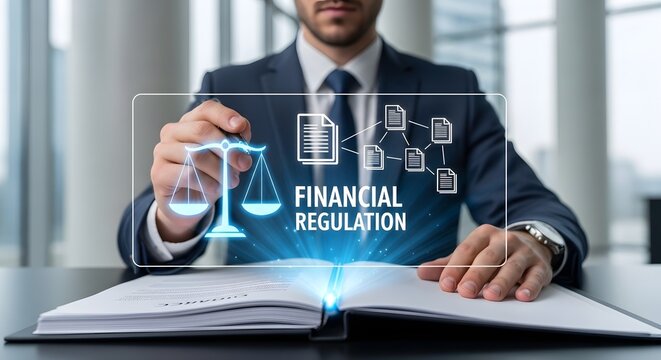 A Caucasian businessman in a suit interacting with a digital financial regulation interface on a table with an open book in a modern office
