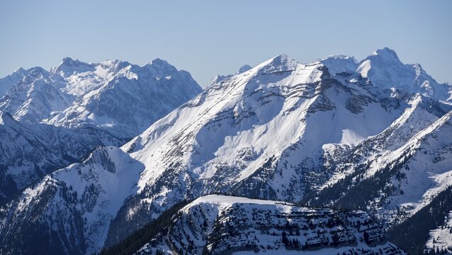 Mountains in winter with snow, Karwendel Mountains, Alps in good weather, Bavaria, Germany