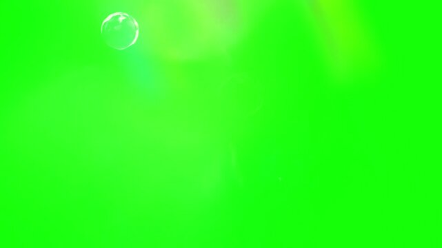 A video showcasing soap bubbles floating gently in mid-air against a vibrant green background with a soft focus effect.