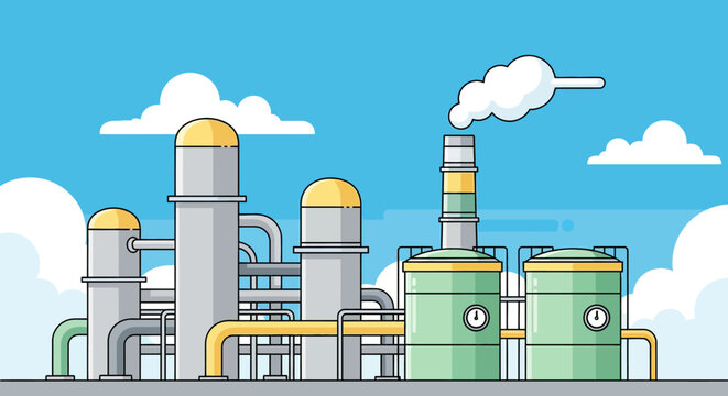 colorful cartoon factory illustration with smiling smoke stack and pipes