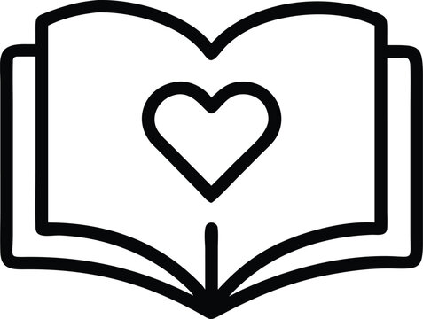 An open book with a heart shape centered on its pages representing love and literature