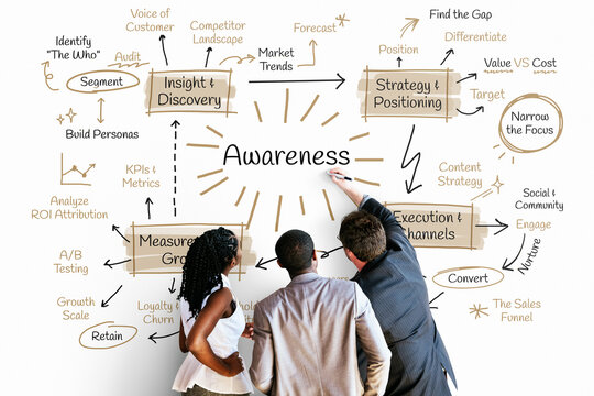 Business strategy diagram centered around Awareness with various key terms.