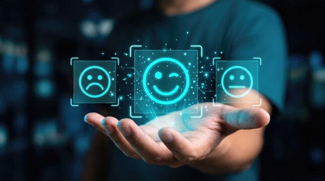Mans hand holding glowing blue digital emoticons for customer experience feedback in a fut