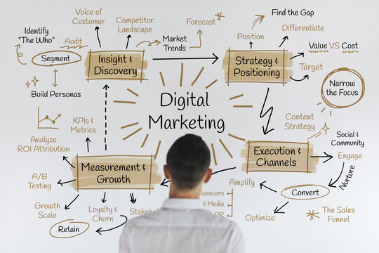 Man analyzing Digital Marketing strategy flowchart on a whiteboard.