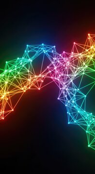 Tangled network of glowing abstract lines and connecting dots against a dark backdrop, symbolizing complex systems and unpredictable trajectories, uncertainty, dark, lines