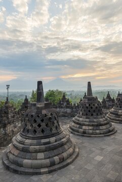 Borobudur temple, stupas, cloudy sky, Borobudur, Yogyakarta, Java, Indonesia