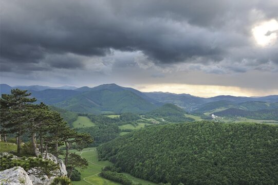 View from Peilstein south towards Schneeberg mountain, Triestingtal valley, Lower Austria, Europe,