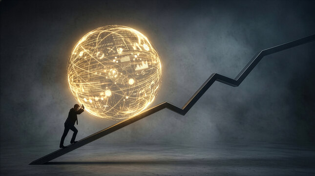 Surreal Sisyphus businessman pushing massive glowing data sphere burden, AI.