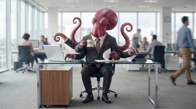 Surreal anthropomorphic octopus in suit for corporate multi-tasking, AI.