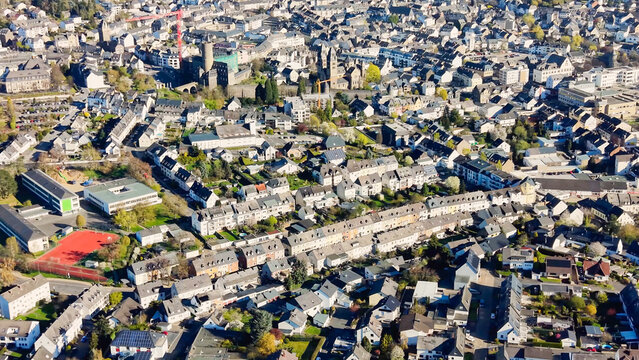  Aerial panoramic view around the old town of the city of Mayen on a sunny spring noon in Germany