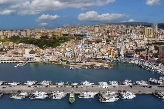 Aerial view, front harbor, fishing port, fishing boats, ships, back Sciacca, picturesque, port town, thermal spa, Agrigento Free Community Consortium, Sicily region, Italy, Mediterranean
