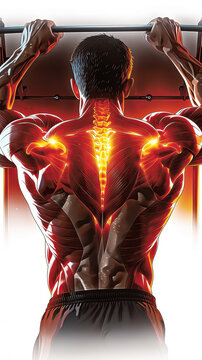Muscular man back view performing pull up, highlighting upper back, shoulder, and arm muscles with glowing anatomical details, fitness motivation, strength training, intense focus