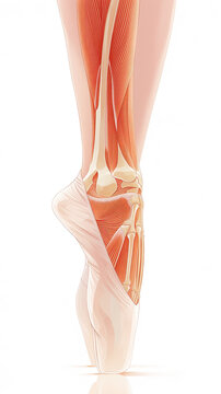 Ballet dancer leg anatomy muscle and bone structure standing en pointe detailed illustration elegant pose medical educational concept graceful movement artistic style