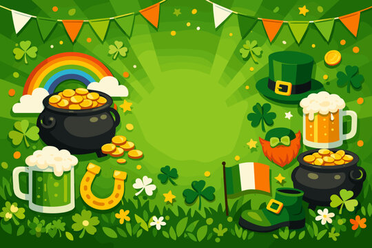 Festive St. Patrick's Day Background with Pot of Gold, Rainbow, Shamrocks, Beer Mugs, Leprechaun Hat, and Irish Flag. Flat Vector Illustration for Lucky Holiday Celebration and Greeting Card.
