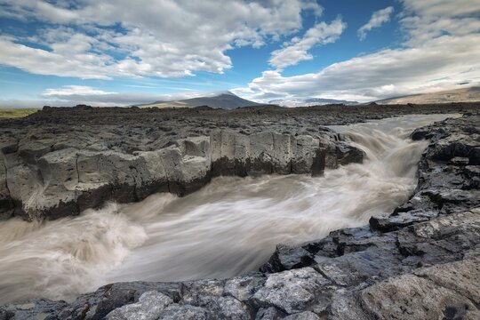 Rapids and basalt rocks, Geit&aacute; River, near H&uacute;safell, Iceland